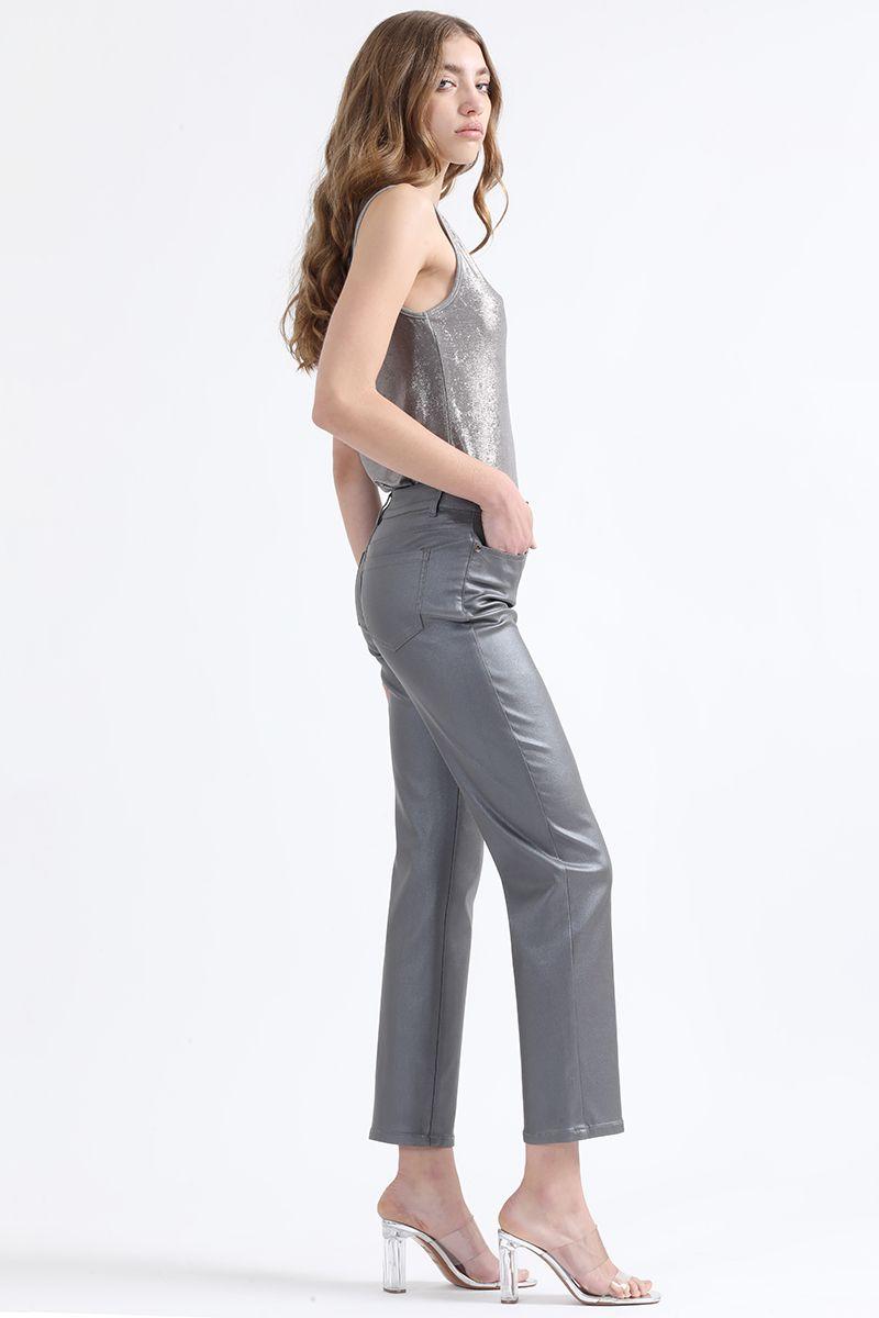 Pantalon Slim Tiro Medio, Metalizado, Gris Liola-1