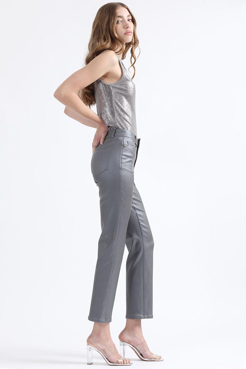 Pantalon Slim Tiro Medio, Metalizado, Gris Liola-4