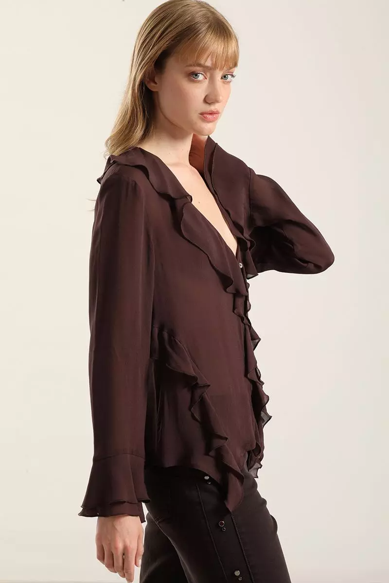 Blusa Volantes Semitransparente, Chocolate Liola-2