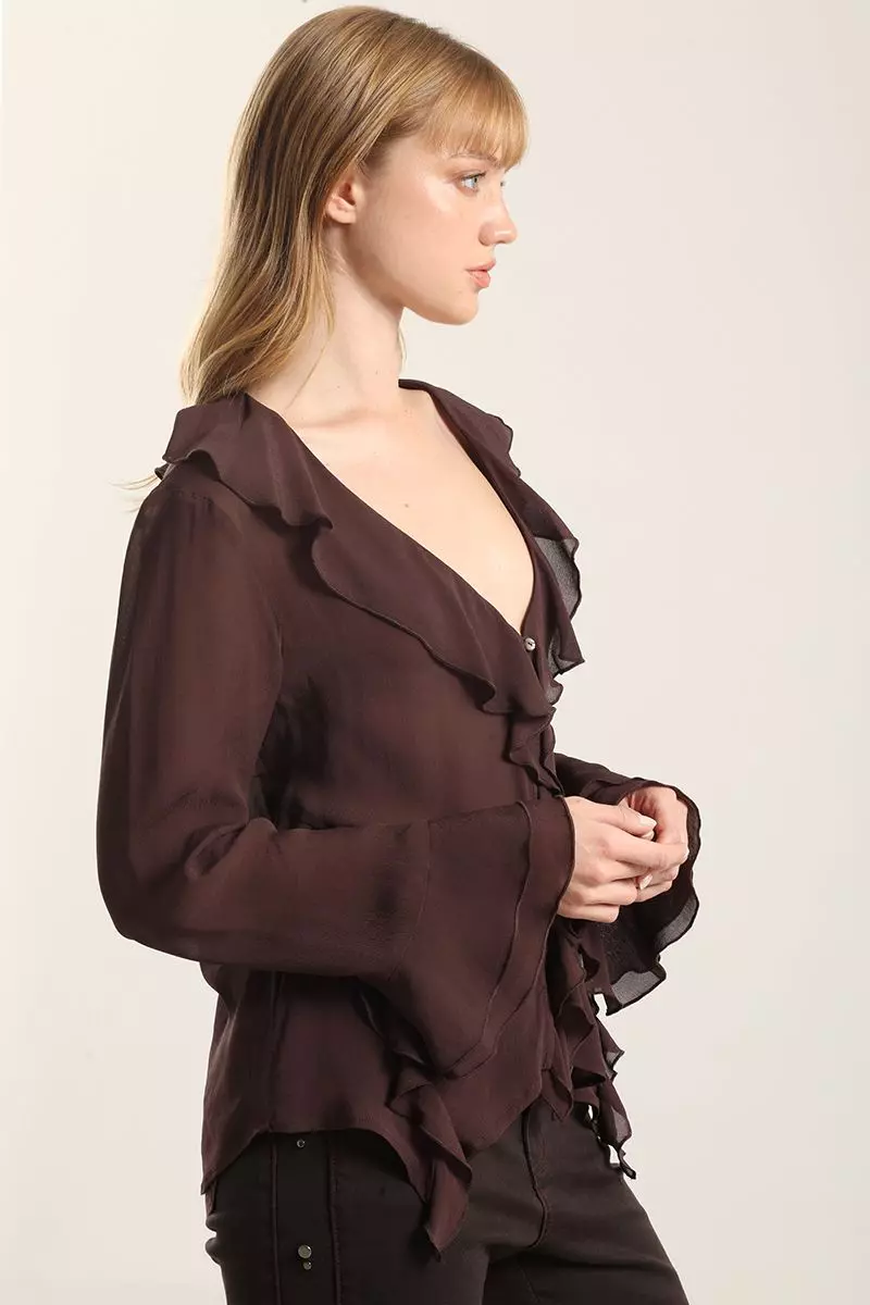 Blusa Volantes Semitransparente, Chocolate Liola-4