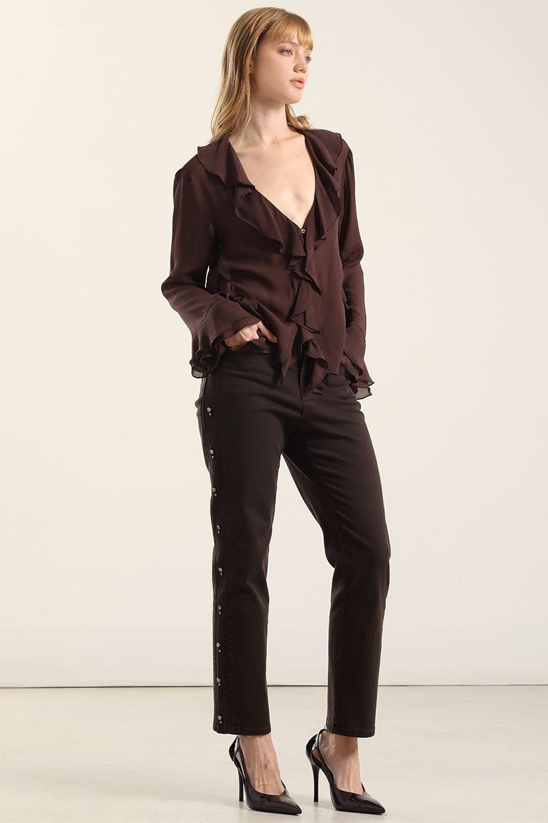 Blusa Volantes Semitransparente, Chocolate Liola-5