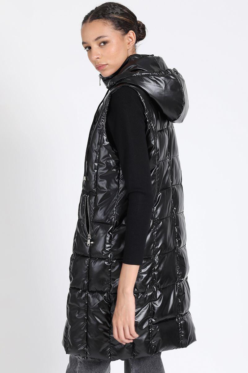 Parka Larga Acolchada Capuchon Desmontable, Negro Liola-3