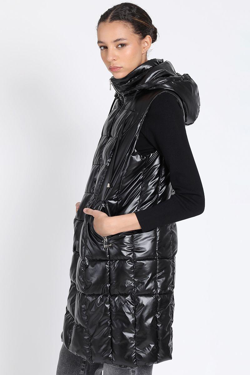 Parka Larga Acolchada Capuchon Desmontable, Negro Liola-5