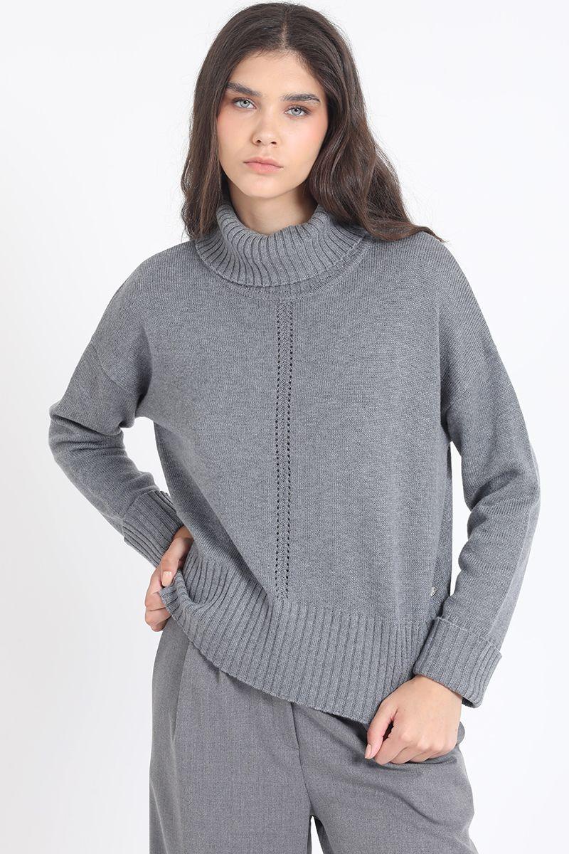 Sweater Recto Tejido Mix Punto Fantasia, Gris Liola-3