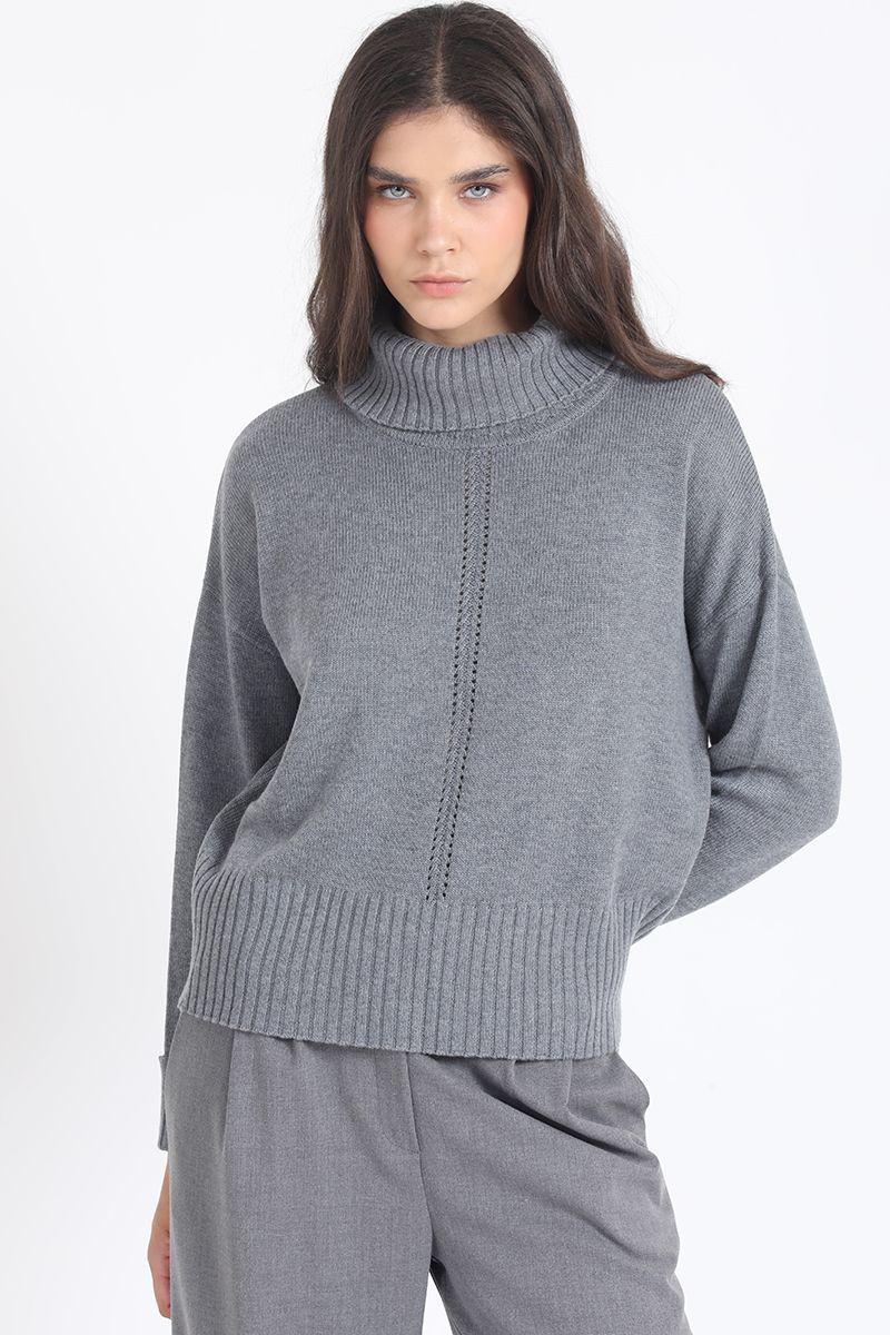 Sweater Recto Tejido Mix Punto Fantasia, Gris Liola-5