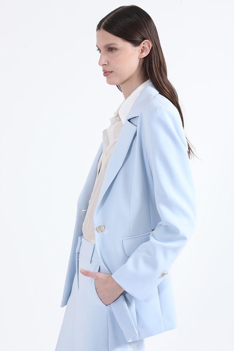 Blazer Largo Entallado Con Cinturon, Celeste Liola-4
