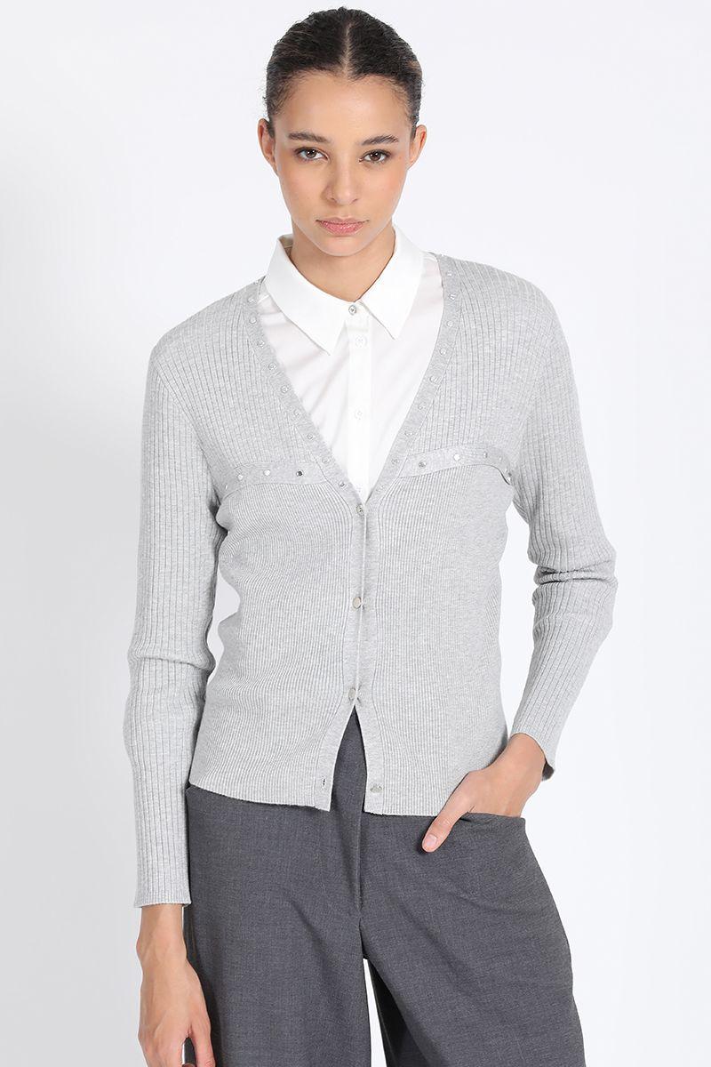 Cardigan Tejido Punto Remaches, Gris Liola-0