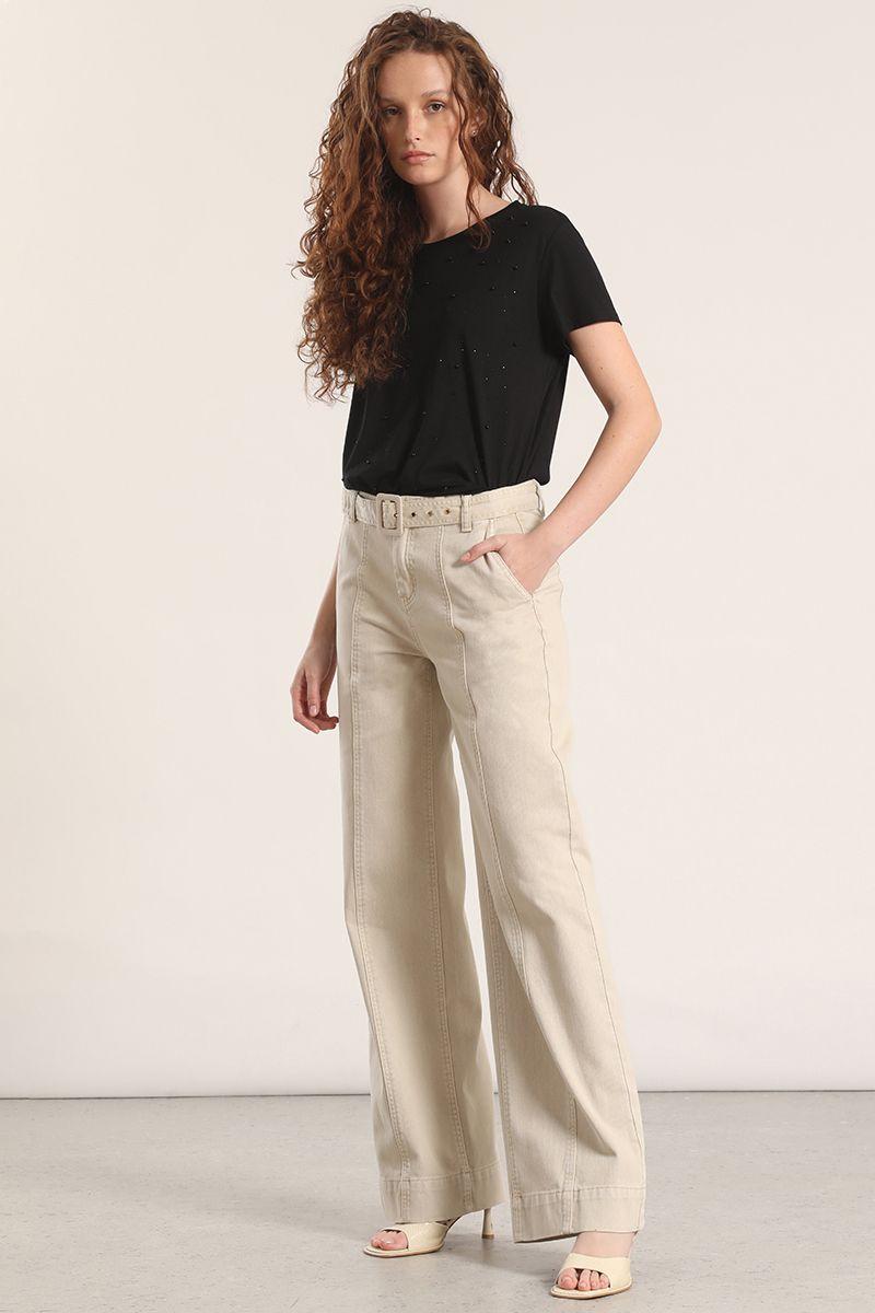 Jeans straight con cinturón liola mujer beige-1