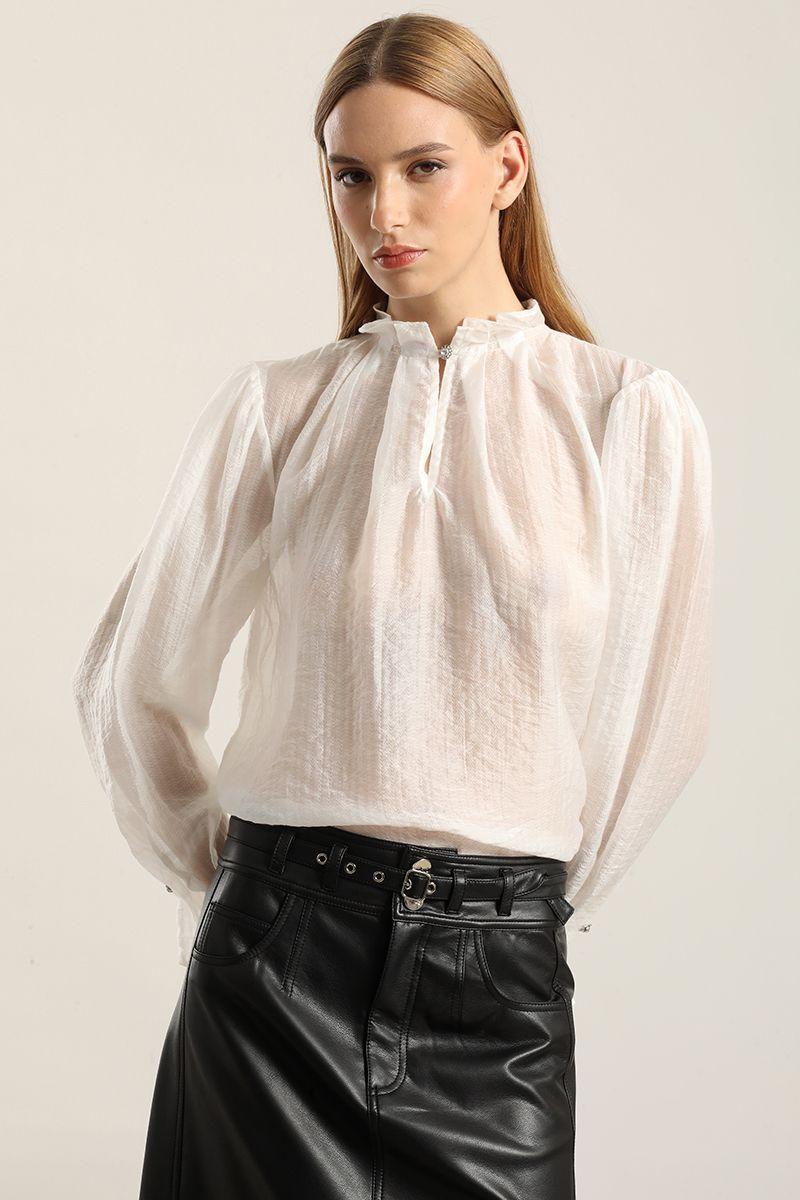 Blusa Semi Trasparente, Boton Joya, Crudo Liola-2