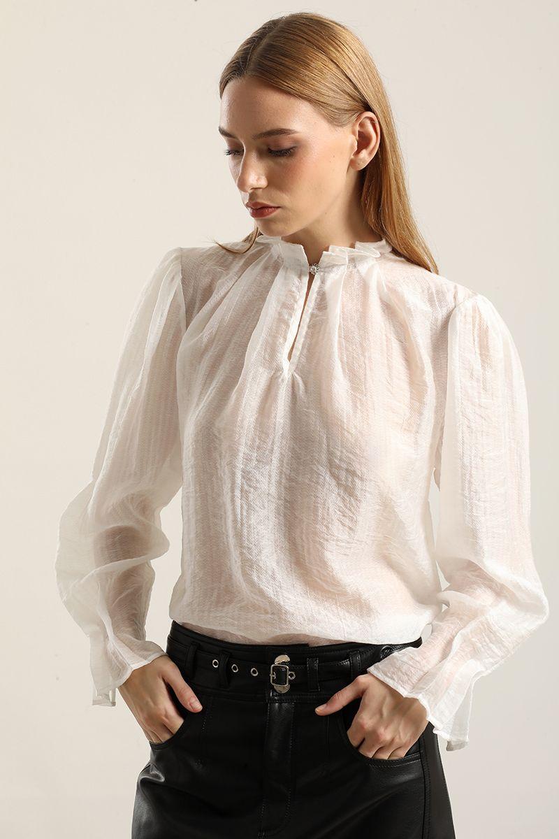 Blusa Semi Trasparente, Boton Joya, Crudo Liola-4