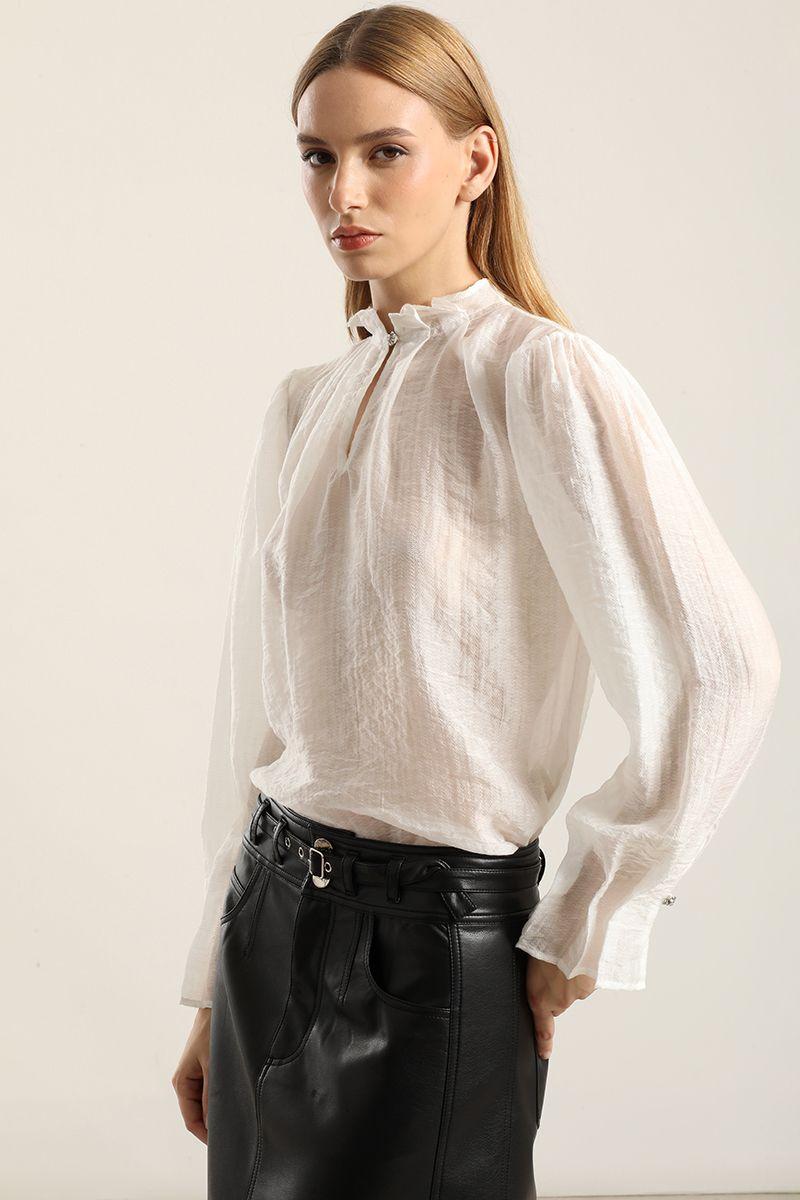 Blusa Semi Trasparente, Boton Joya, Crudo Liola-5