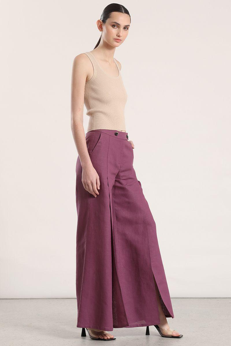 Pantalón ancho lino liola mujer vino-3
