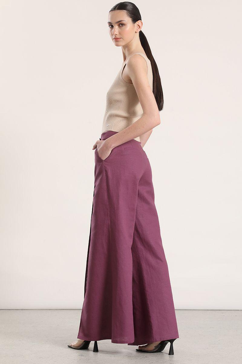 Pantalón ancho lino liola mujer vino-4