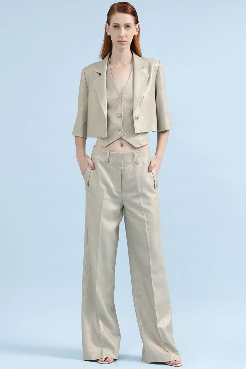Pantalon Recto, Tiro Alto Con Lino Folia, Beige Liola-0