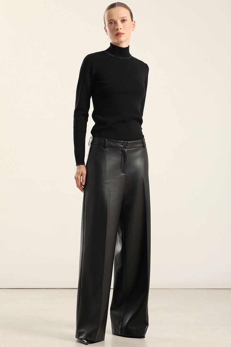 Pantalón ancho, tiro alto, efecto cuero, negro Liola-0