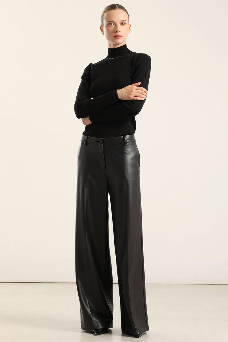 Pantalón ancho, tiro alto, efecto cuero, negro Liola-1