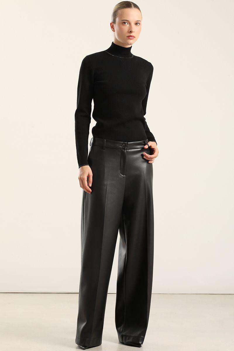 Pantalón ancho, tiro alto, efecto cuero, negro Liola-4