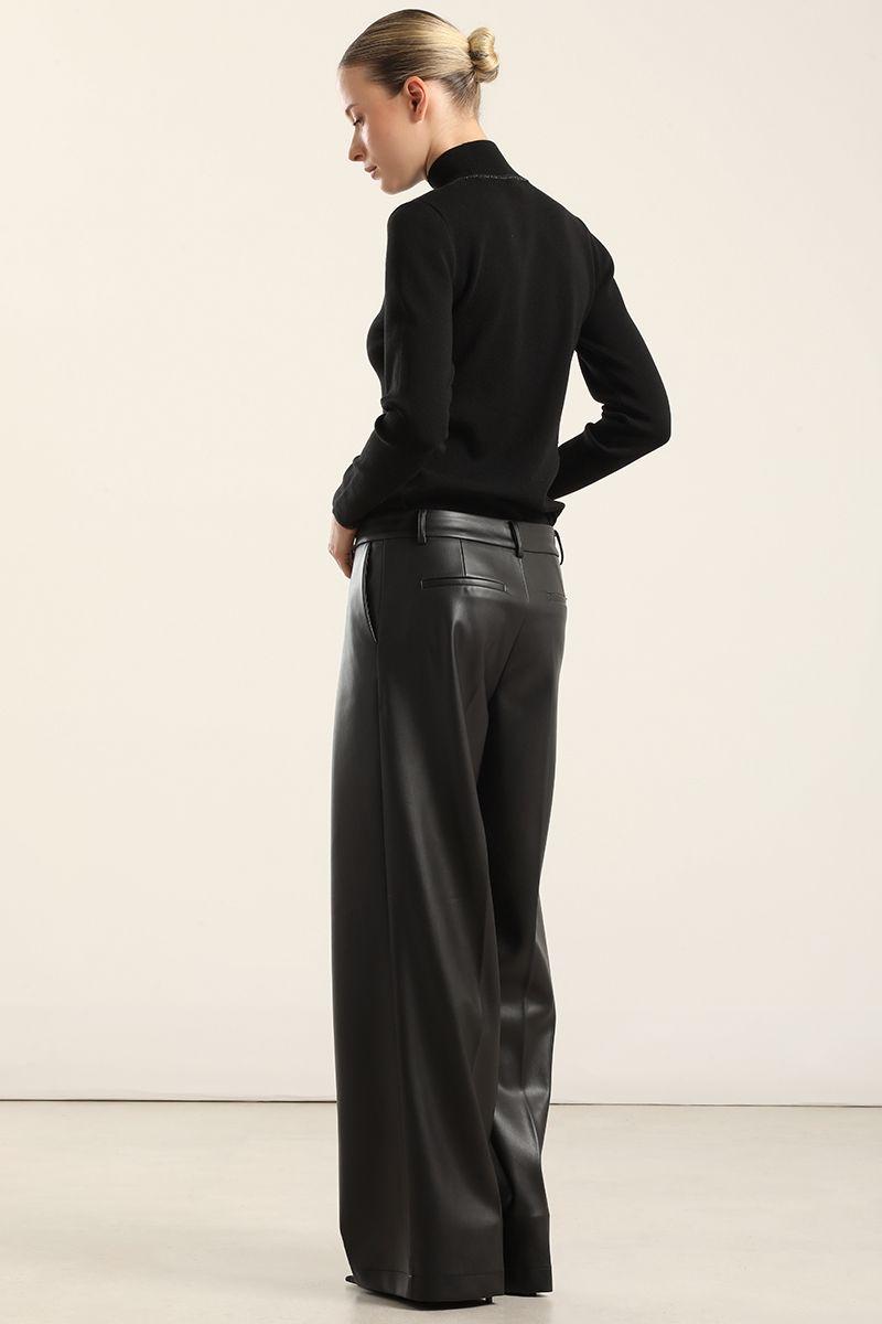 Pantalón ancho, tiro alto, efecto cuero, negro Liola-5