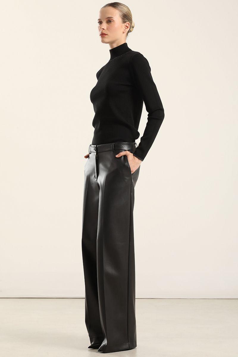 Pantalón ancho, tiro alto, efecto cuero, negro Liola-6