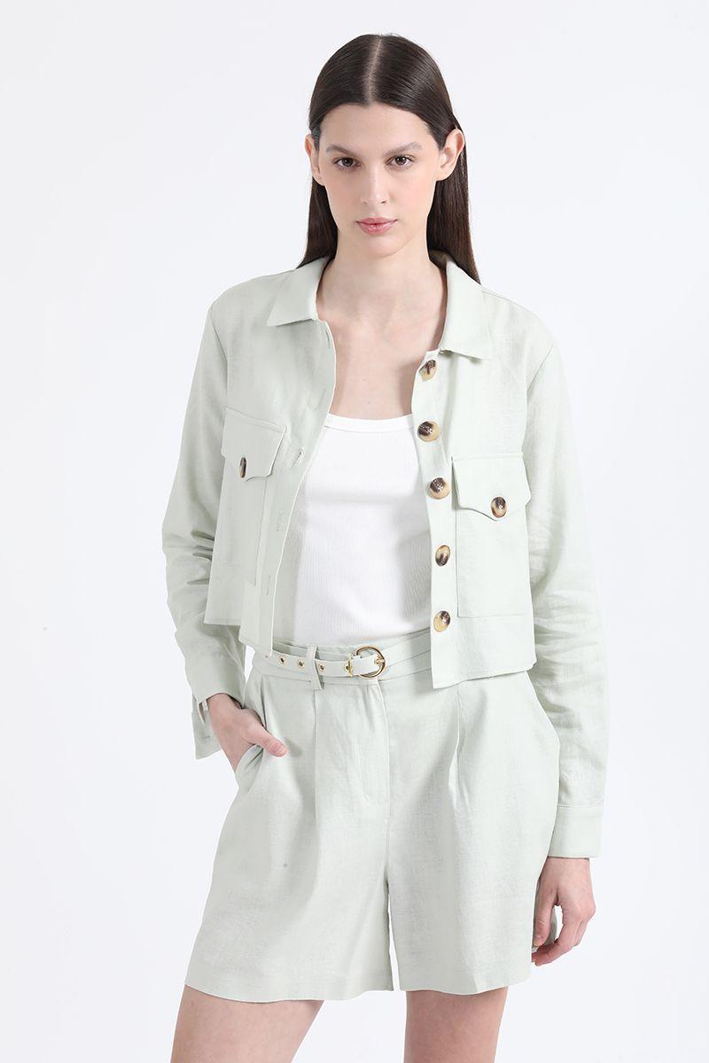 Chaqueta Con Lino Cropped, Sin Forro, Beige, Liola-0
