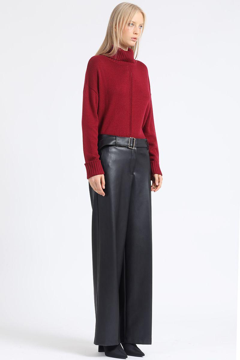 Pantalon Ancho, Con Cinturon, Efecto Cuero, Negro Liola-6