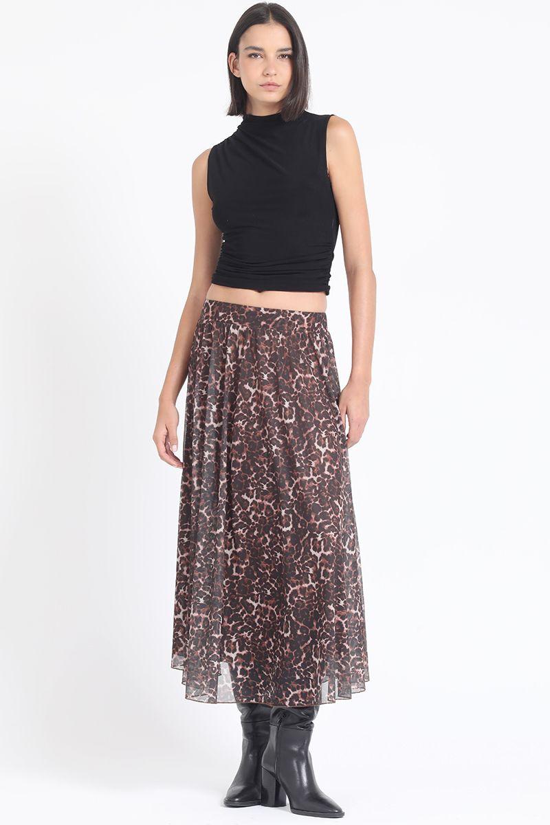 Falda Larga Malla Estampada Leopardo, Negro Liola-4