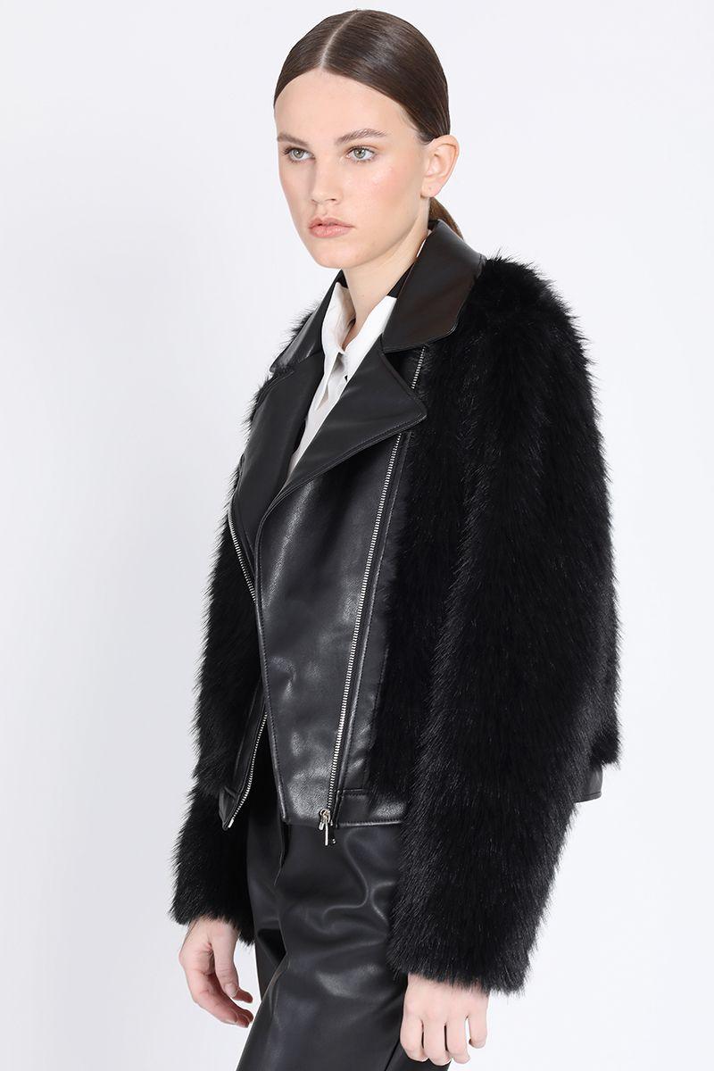 Chaqueta Biker Efecto Piel Y Cuero, Negro Liola-4