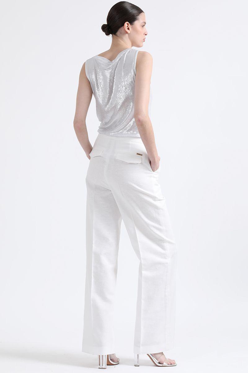 Pantalon Recto, Tiro Alto, Lino Algodón, Crudo Liola-4