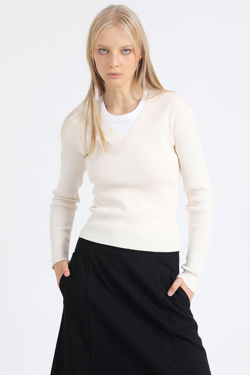 Sweater Basico Tejido Punto, Crudo Liola-0