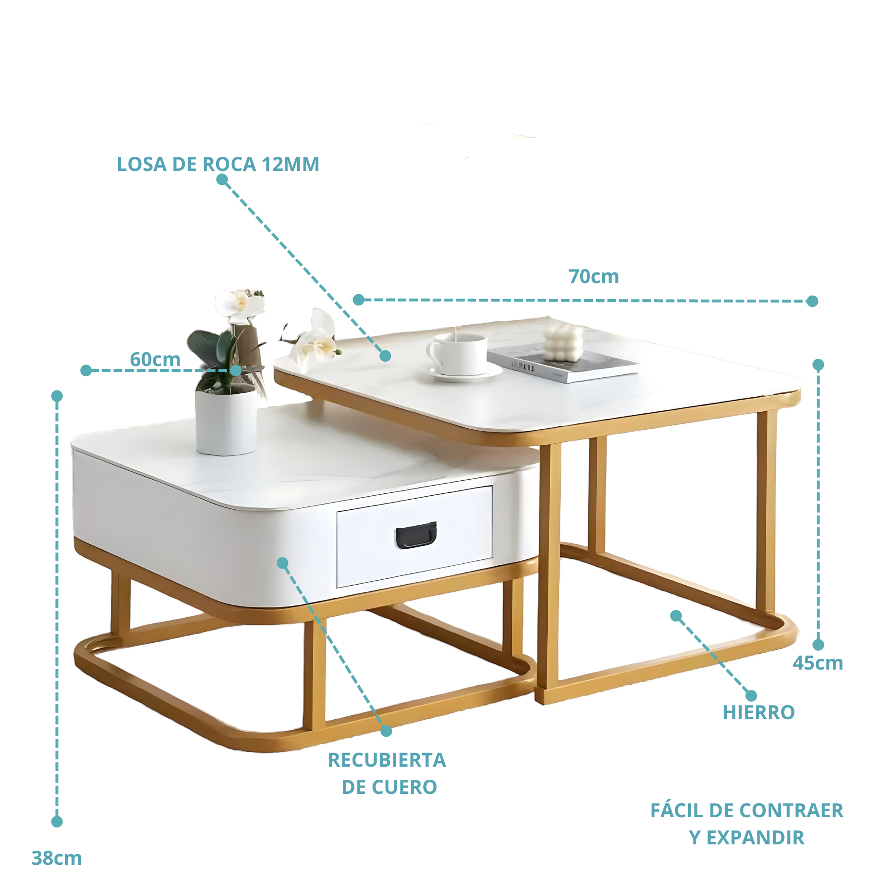 Mesa De Centro Tipo Nido Con Cajon en Recubrimiento de Cuero-2