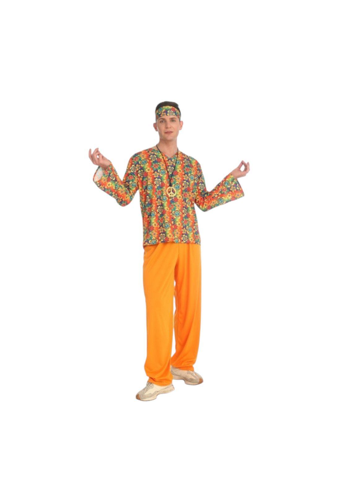 Disfraz Hippie Hombre Pantalon Naranja Camisa Floreada-0