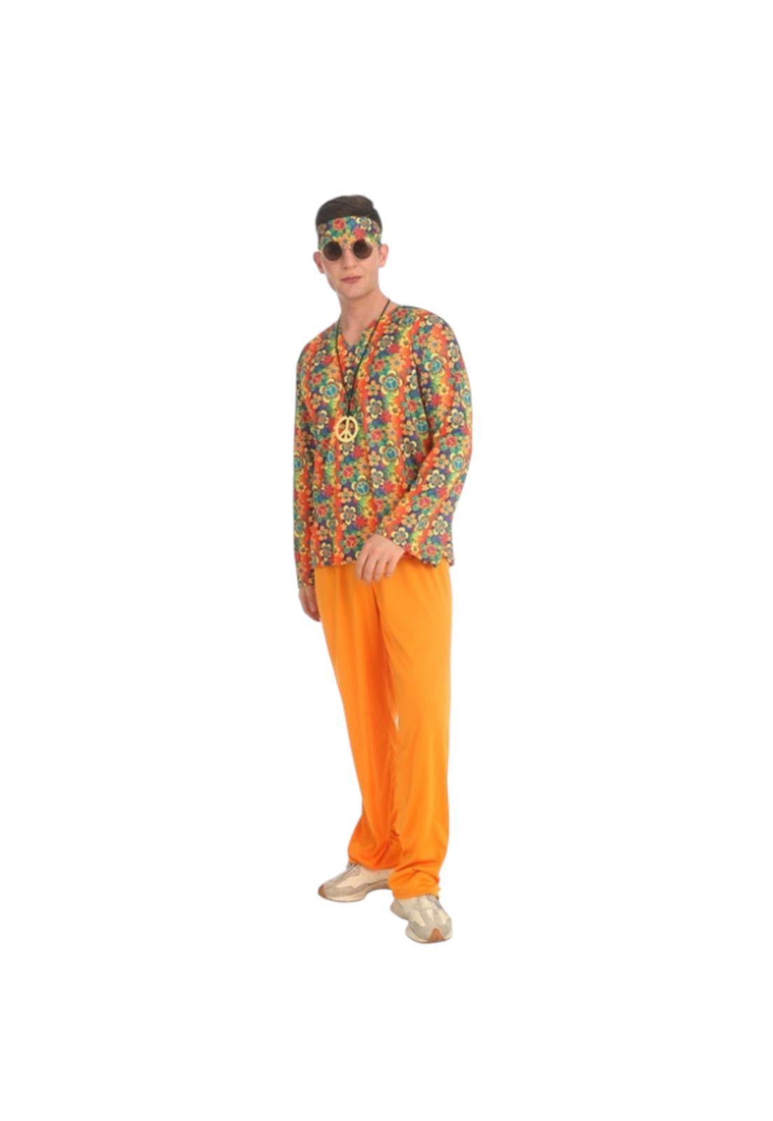 Disfraz Hippie Hombre Pantalon Naranja Camisa Floreada-1