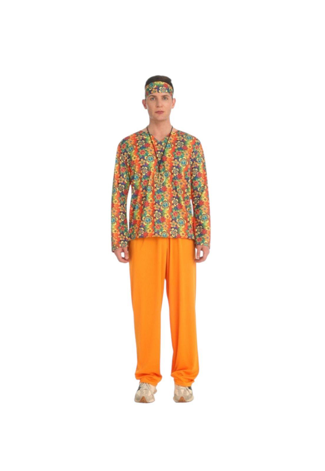 Disfraz Hippie Hombre Pantalon Naranja Camisa Floreada-3