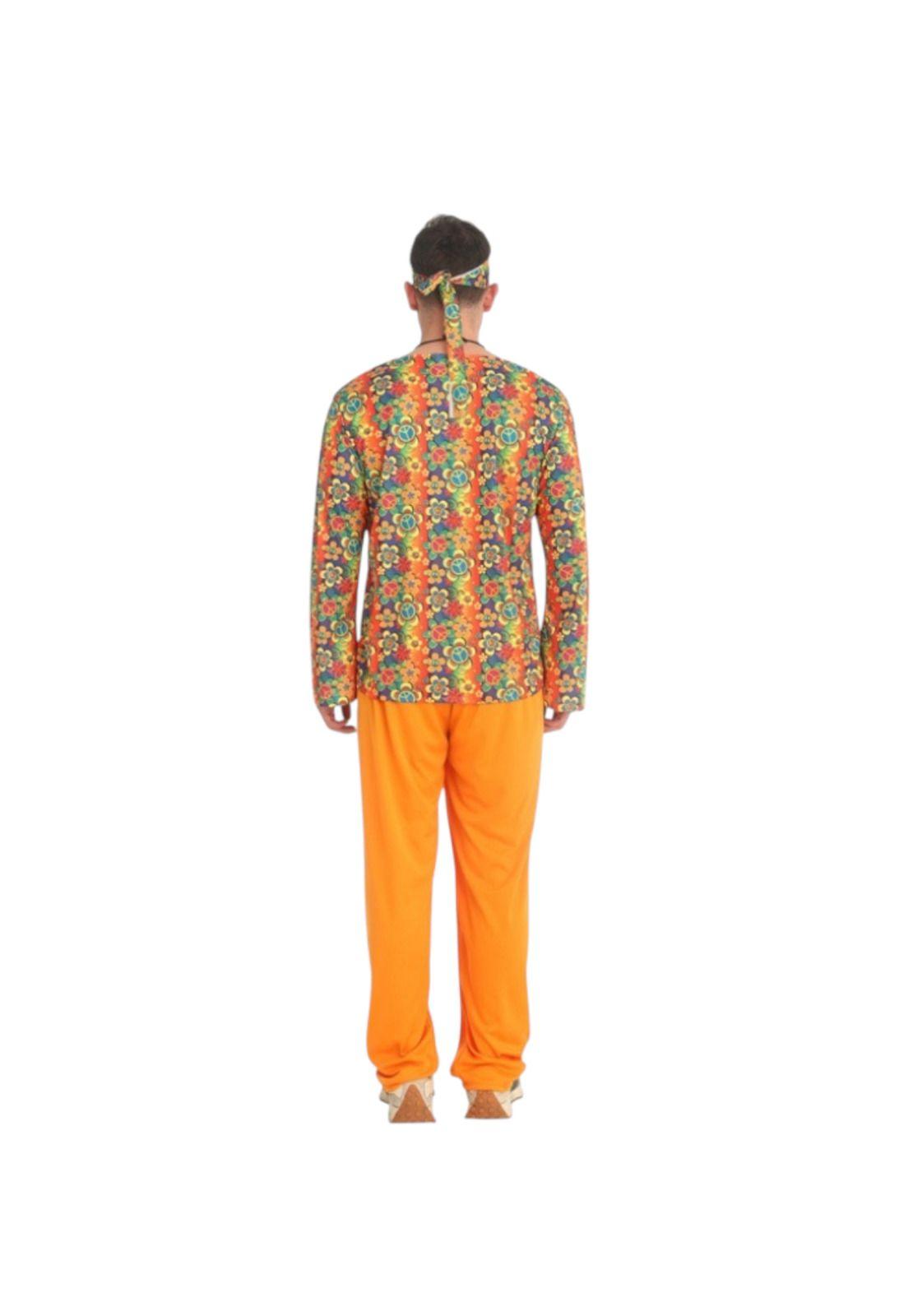 Disfraz Hippie Hombre Pantalon Naranja Camisa Floreada-4
