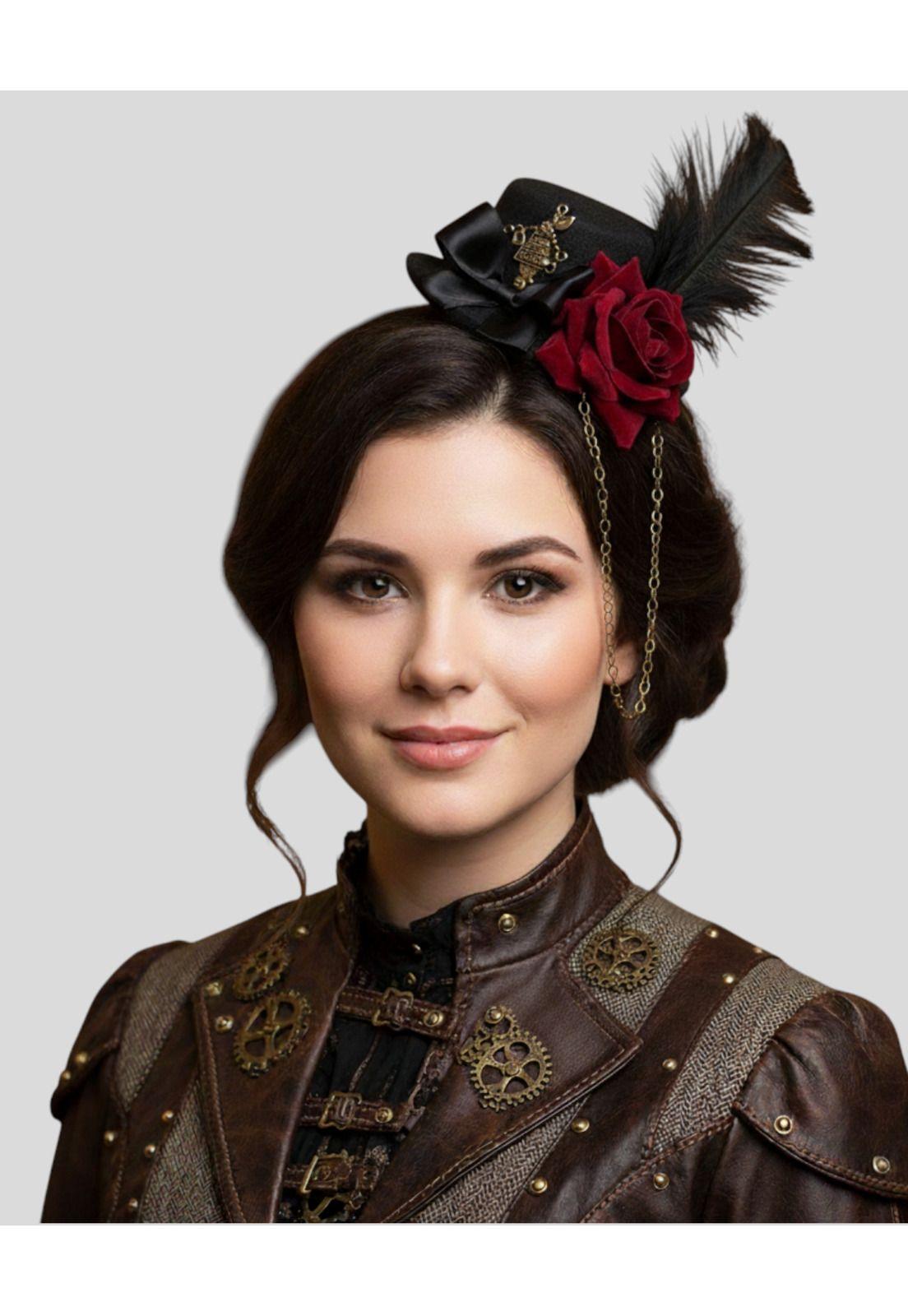 Accesorio Prendedor Mini Sombrero con Rosa y Pluma Steampunk-4