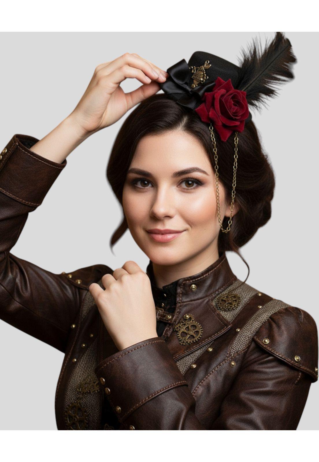 Accesorio Prendedor Mini Sombrero con Rosa y Pluma Steampunk-5