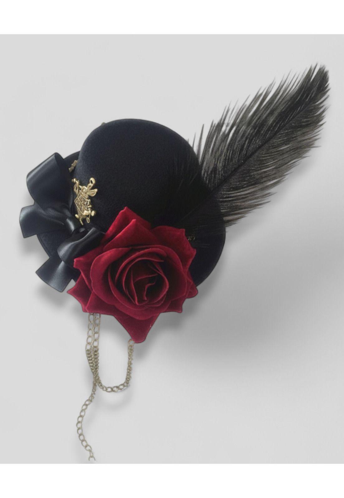 Accesorio Prendedor Mini Sombrero con Rosa y Pluma Steampunk-6