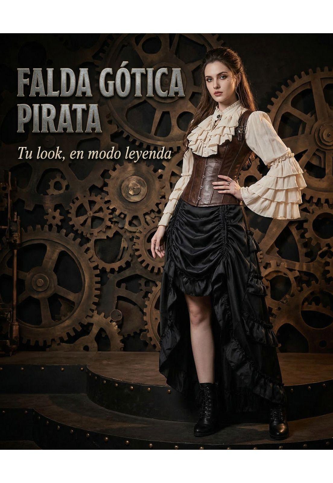 Falda Steampunk Gótica Pirata Larga Con Frunces Disfraz-5