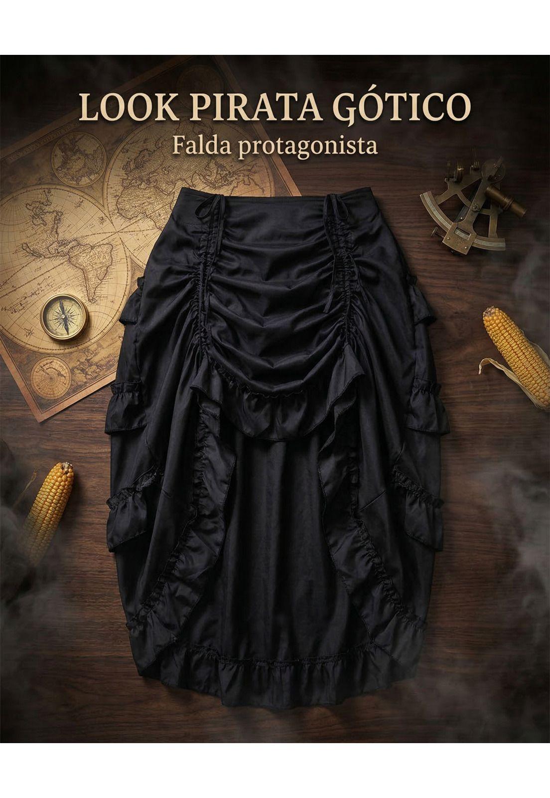 Falda Steampunk Gótica Pirata Larga Con Frunces Disfraz-8
