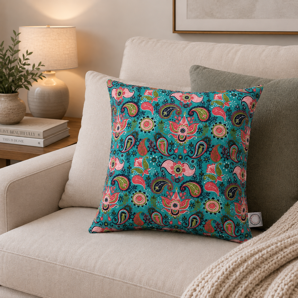 FUNDA COJIN DECORATIVO DISEÑO TURQUESA Y ROSA 45X45-1