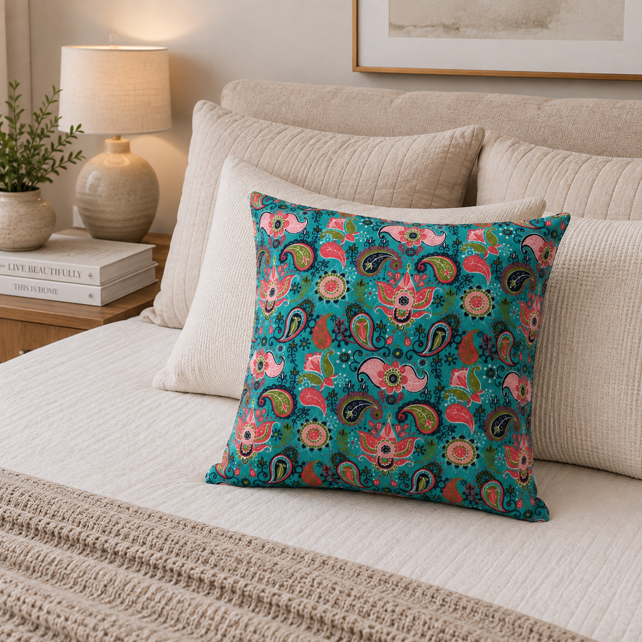 FUNDA COJIN DECORATIVO DISEÑO TURQUESA Y ROSA 45X45-2