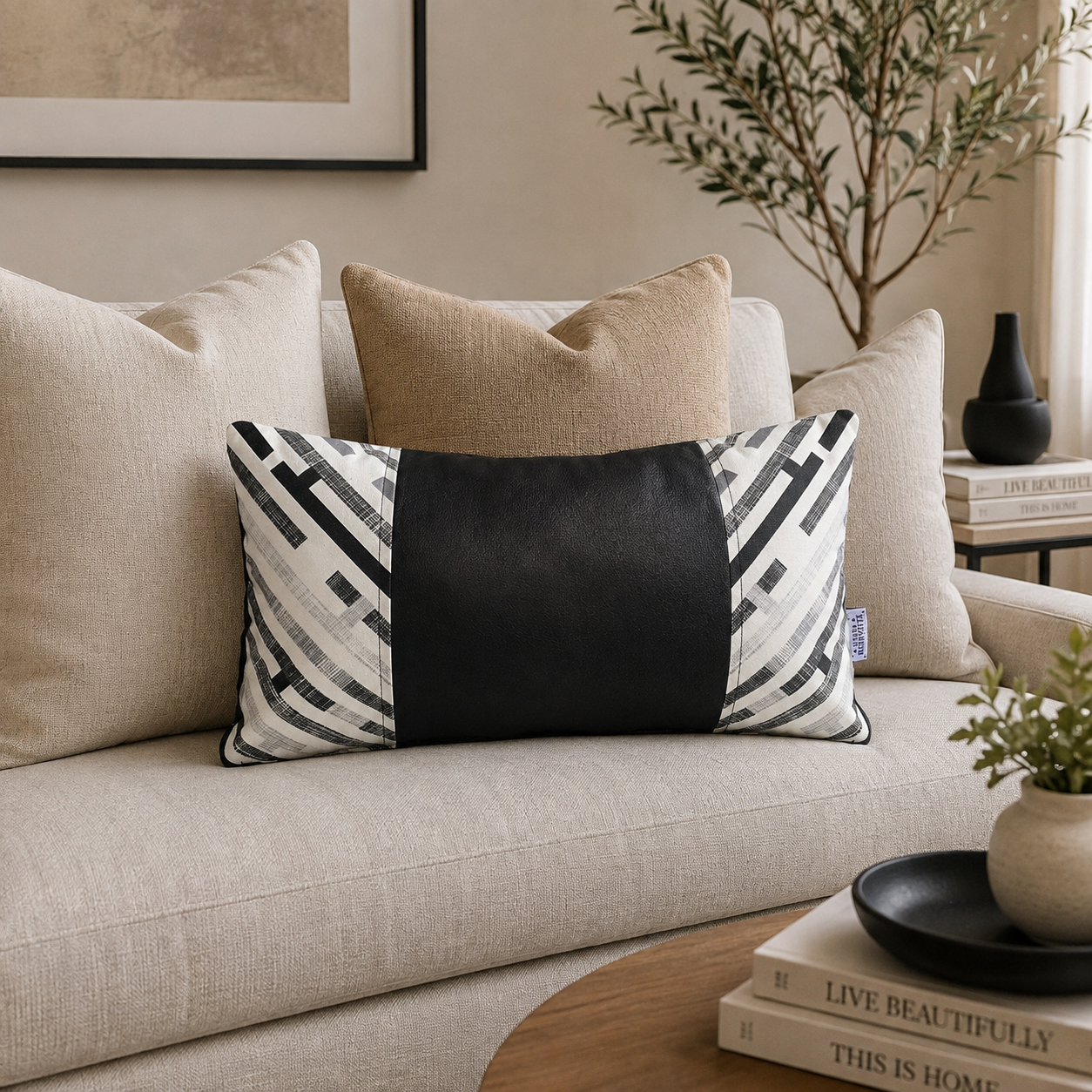 COJIN DECORATIVO ECOCUERO GRIS Y NEGRO 50X30 RELLENO-1
