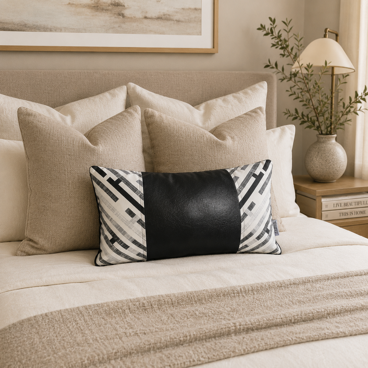 COJIN DECORATIVO ECOCUERO GRIS Y NEGRO 50X30 RELLENO-2