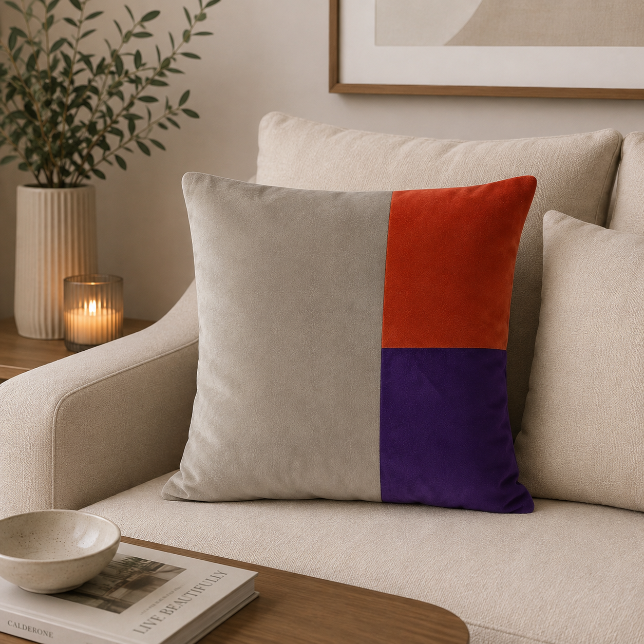 FUNDA COJIN DECORATIVO DISEÑO BEIGE MORADO Y NARANJO 60x60-1