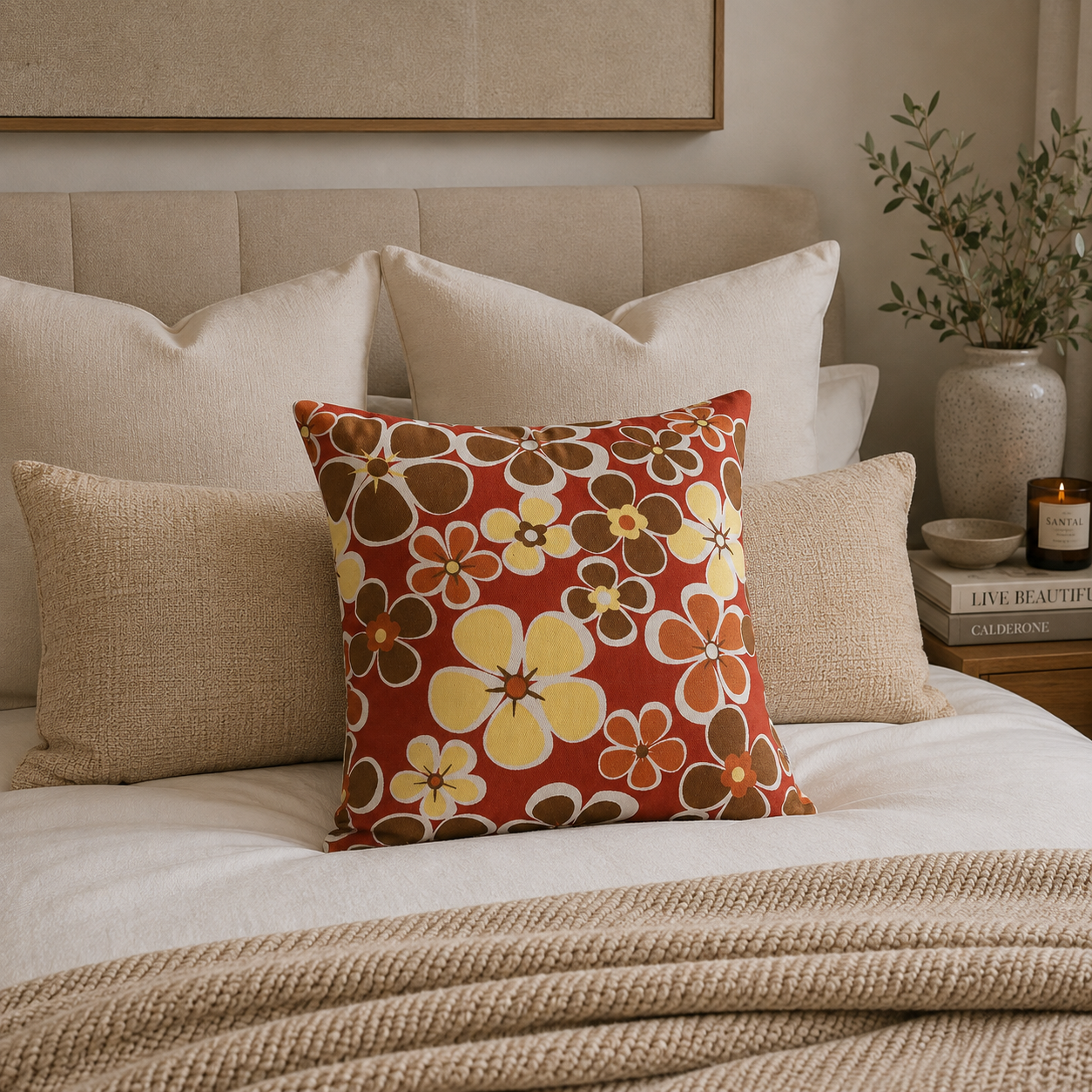COJIN DECORATIVO DISEÑO ROJO FLORES AMARILLAS Y CAFE 60X60 RELLENO-2