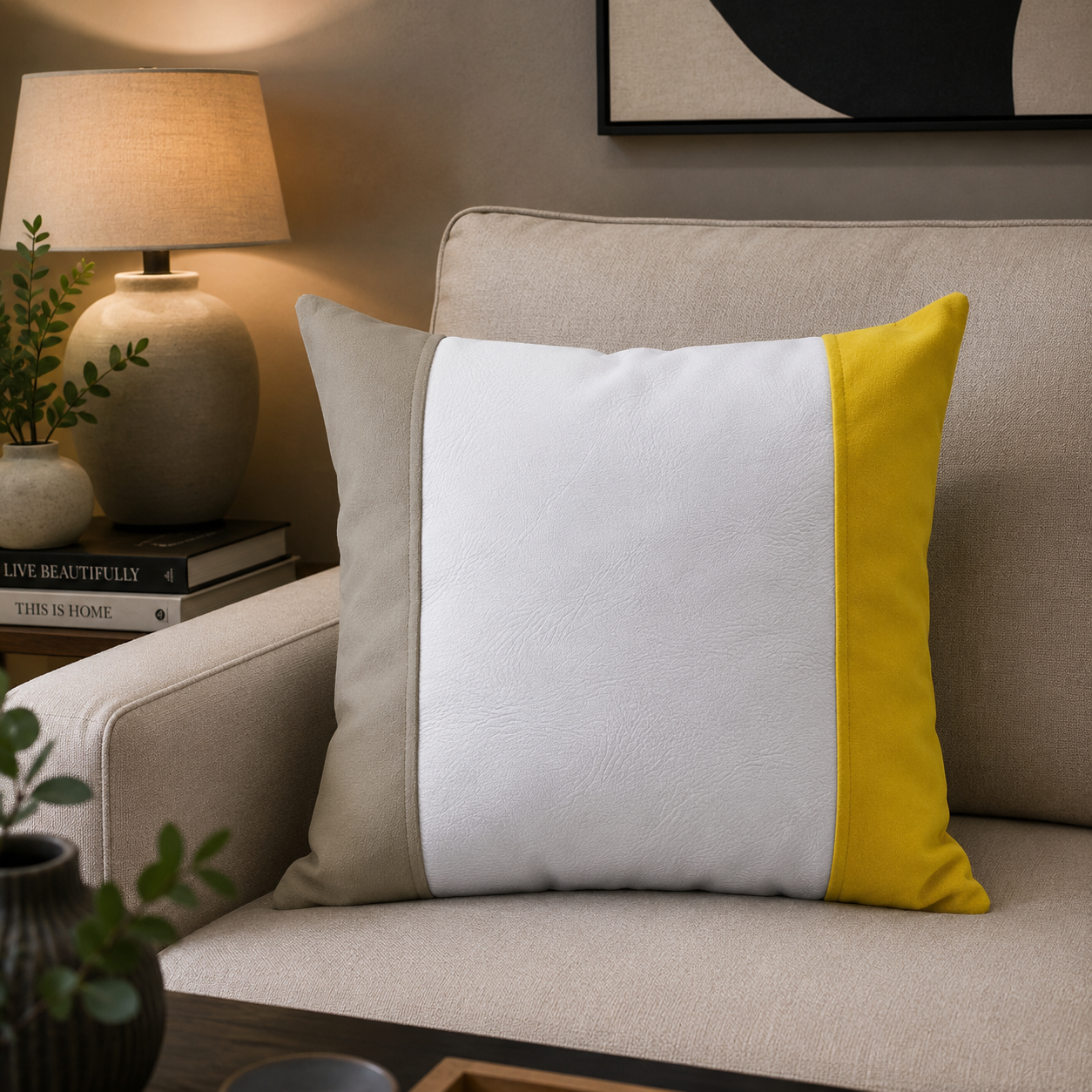 Funda Cojin Decorativo EcoCuero Blanco Beige Amarillo 50x50-1