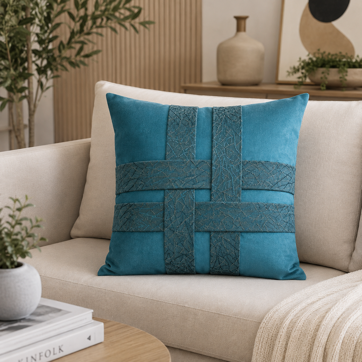 FUNDA COJIN DECORATIVO DISEÑO CINTAS TURQUESA 45X45-1