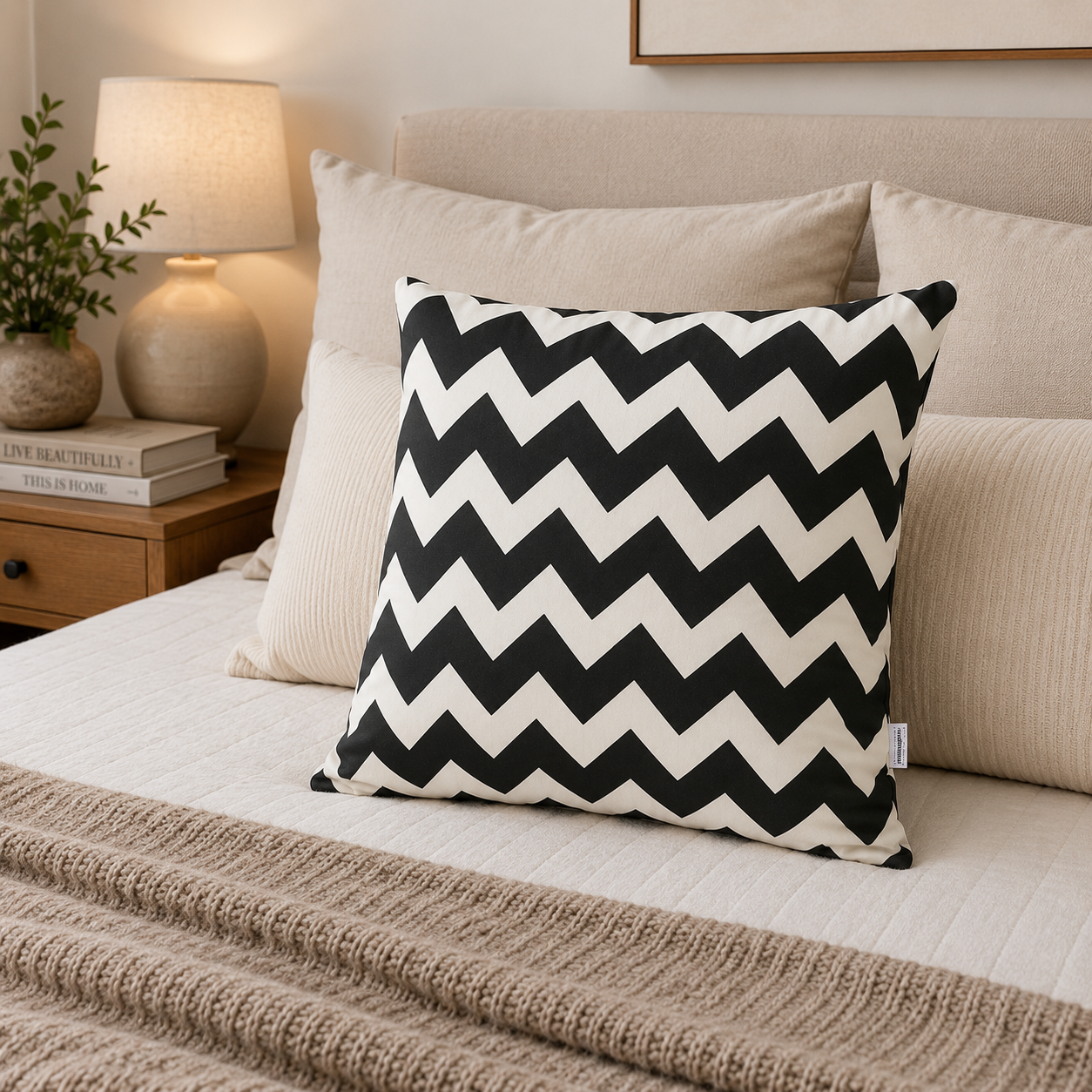FUNDA COJIN DECORATIVO DISEÑO ZIGZAG BLANCO Y NEGRO 60x60-2