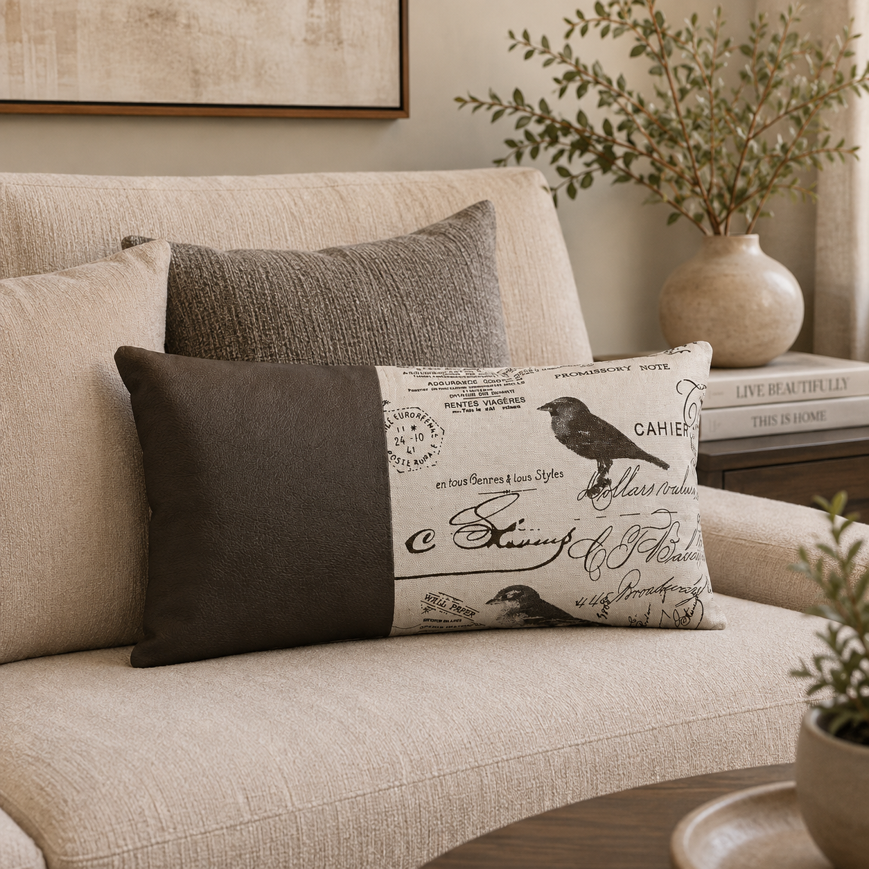 Funda Cojin Decorativo EcoCuero Aves Cafe 50x30-1