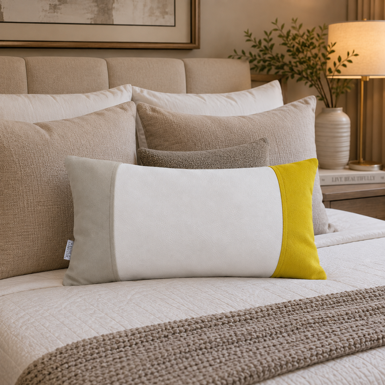 Funda Cojin Decorativo EcoCuero Blanco Beige Amarillo 50x30-2